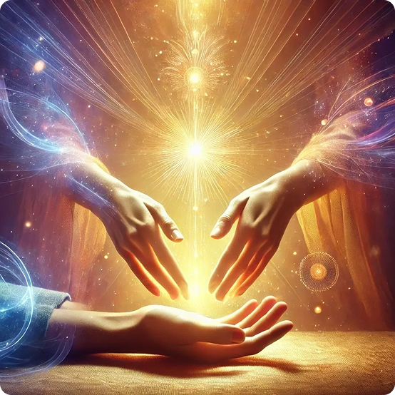 1 Hands reaching towards a glowing, celestial light with cosmic, radiant patterns surrounding them.
