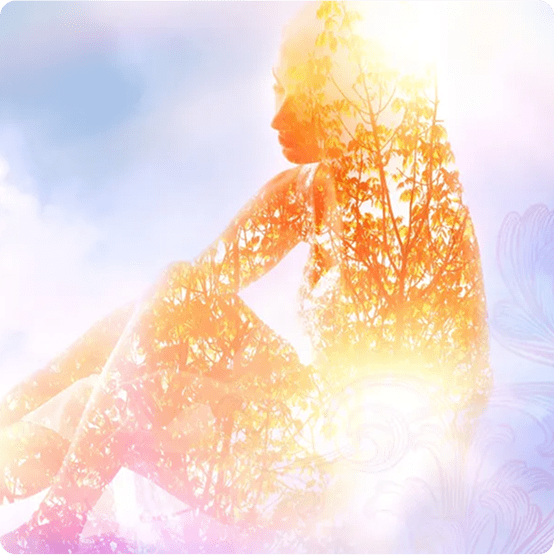 6 Silhouette of a seated person overlaid with floral patterns and vibrant colors, blending with a cloudy background.